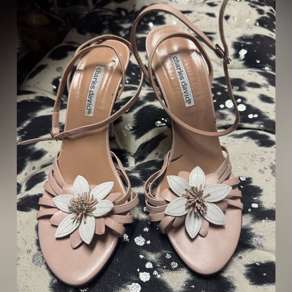 Charles David Blush Pink Leather Floral Strap Heels Size 8.5
